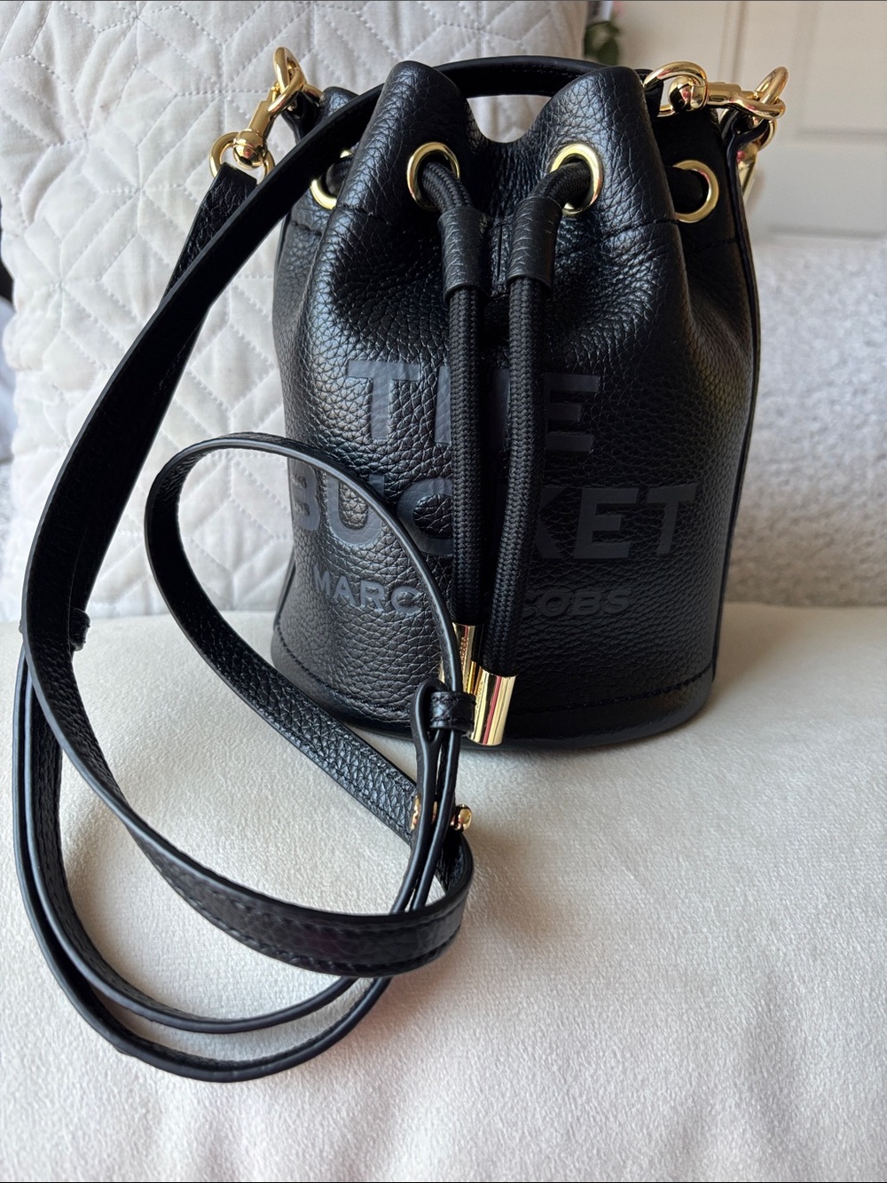 Marc Jacobs “The Bucket” Black Pebbled Leather Mini Bucket Drawstring Bag